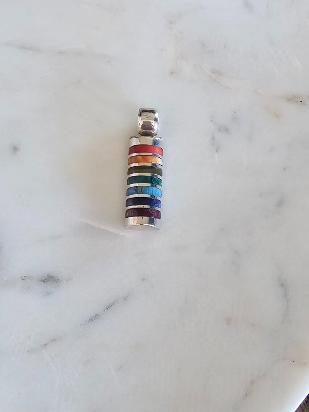 NEW Peru 950 Silver Rainbow Stone Inlay Pendant | Handmade Artisan Jewelry